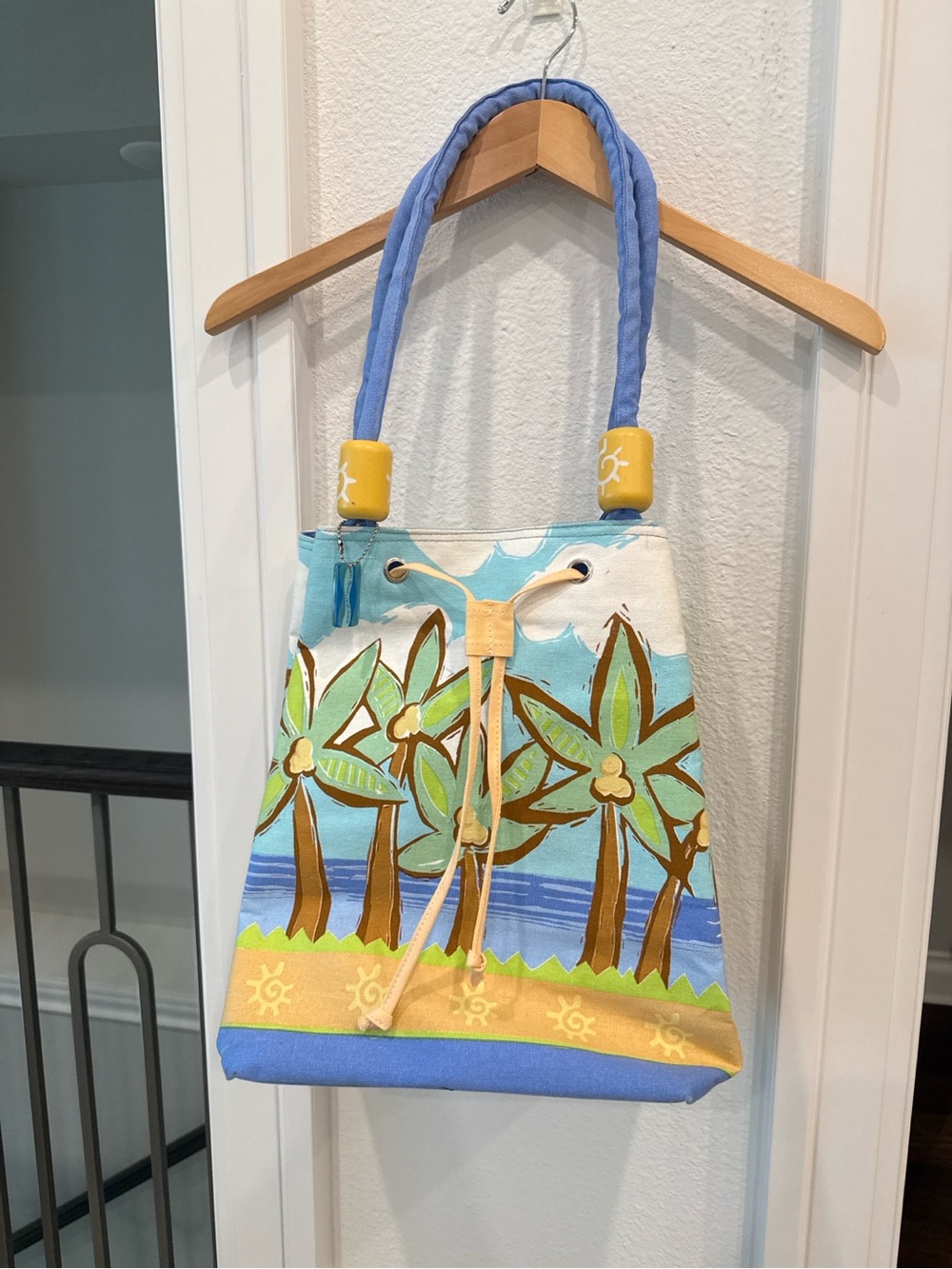 Crazy Bags Tropical Palm Tree Canvas Beach Tote Bag Blue Drawstring